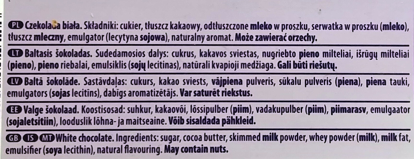 Weiße Schokolade - Składniki - pl