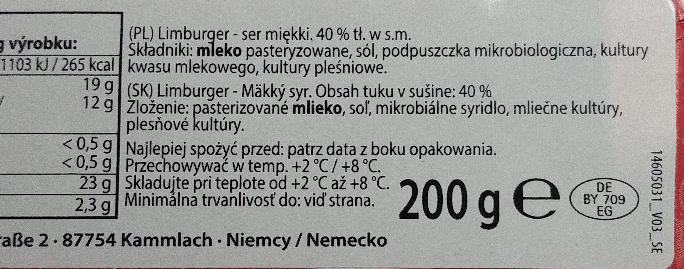 Käse - Limburger Original Allgäuer 40% - Składniki - pl