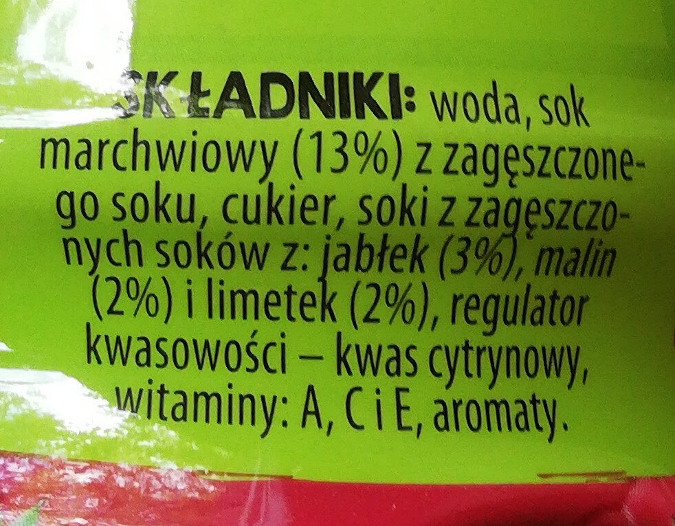 Sok kubuś marchew jabłko malina limetka - Składniki - pl