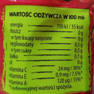 Sok kubuś marchew jabłko malina limetka - Wartości odżywcze - pl