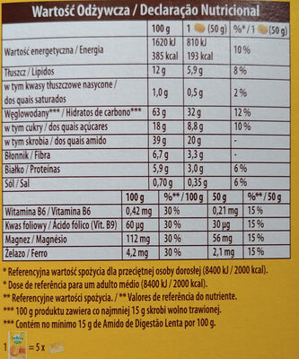 Bolacha de cereais enriquecida com ferro, magnesio, vitaminas B6 e B9. - Wartości odżywcze - pl